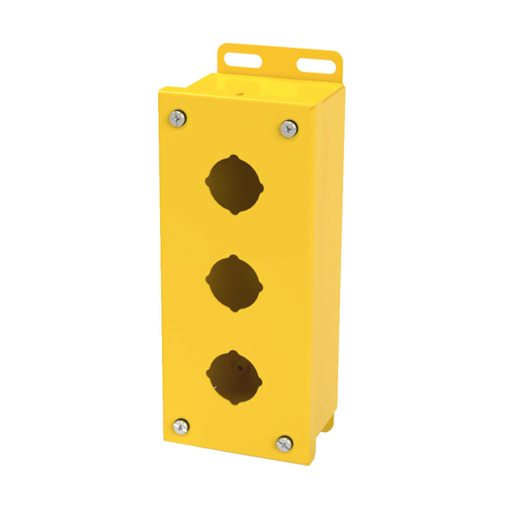SCE-3PB-RAL1018 - Saginaw pushbutton enclosure, 3 holes, 30mm, NEMA 4/12/13, 8 x 4 x 3in (HxWxD), wall mount, carbon steel, RAL 1018 yellow, powder coat finish, screw cover.