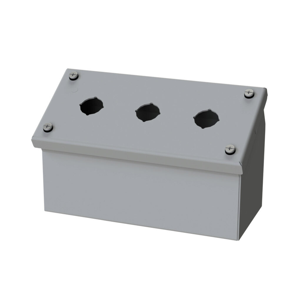 SCE-3PBAI - Saginaw pushbutton consolet, 3 holes, 22mm, NEMA 4/12/13, 4 x 8 x 5in (HxWxD), wall mount, carbon steel, ANSI 61 gray, powder coat finish, screw cover.