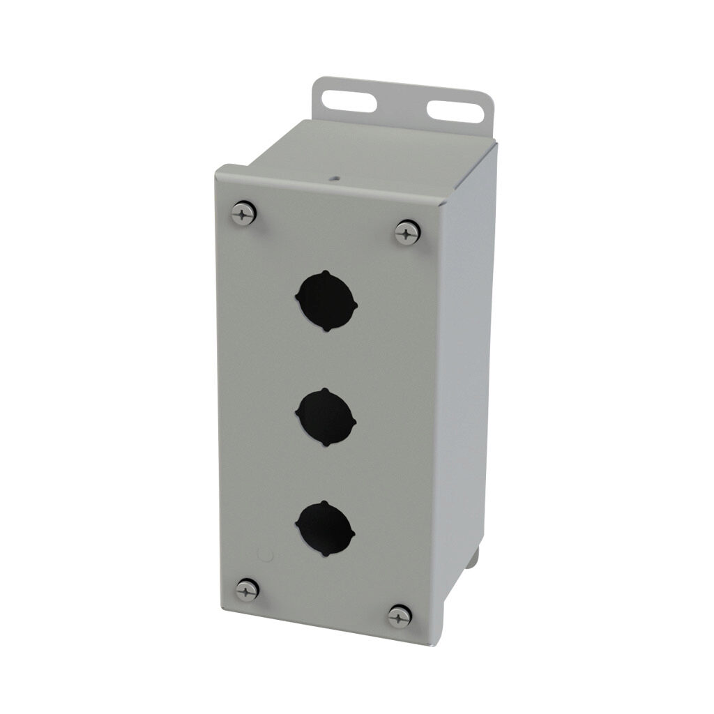 SCE-3PBGX - Saginaw pushbutton enclosure, 3 holes, 22mm, NEMA 4/12/13, 7 x 4 x 4in (HxWxD), wall mount, carbon steel, ANSI 61 gray, powder coat finish, screw cover.