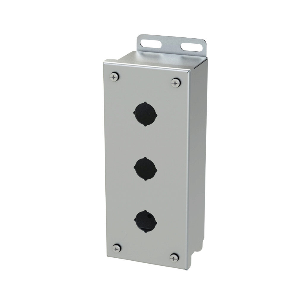 SCE-3PBSS6I - Saginaw pushbutton enclosure, 3 holes, 22mm, NEMA 4/4X/12/13, 8 x 4 x 3in (HxWxD), wall mount, 316L stainless steel, #4 brush finish, screw cover.
