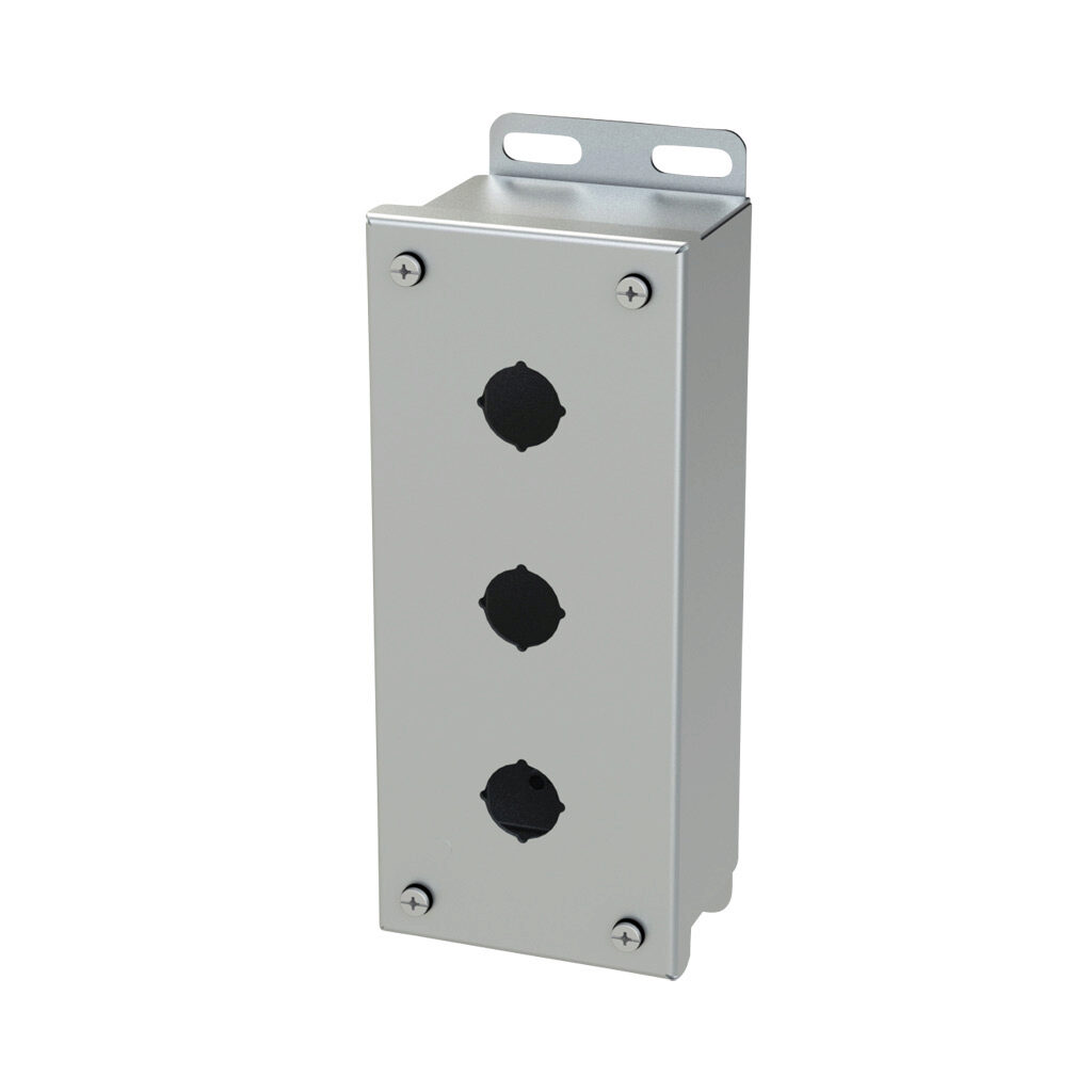 SCE-3PBSSI - Saginaw pushbutton enclosure, 3 holes, 22mm, NEMA 4/4X/12/13, 8 x 4 x 3in (HxWxD), wall mount, 304 stainless steel, #4 brush finish, screw cover.