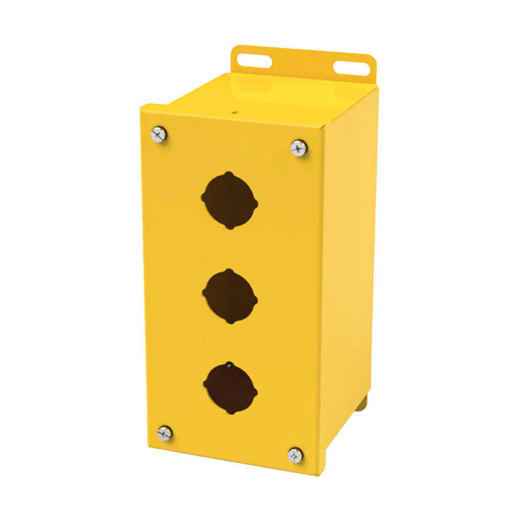 SCE-3PBX-RAL1018 - Saginaw pushbutton enclosure, 3 holes, 30mm, NEMA 4/12/13, 8 x 4 x 5in (HxWxD), wall mount, carbon steel, RAL 1018 yellow, powder coat finish, screw cover.