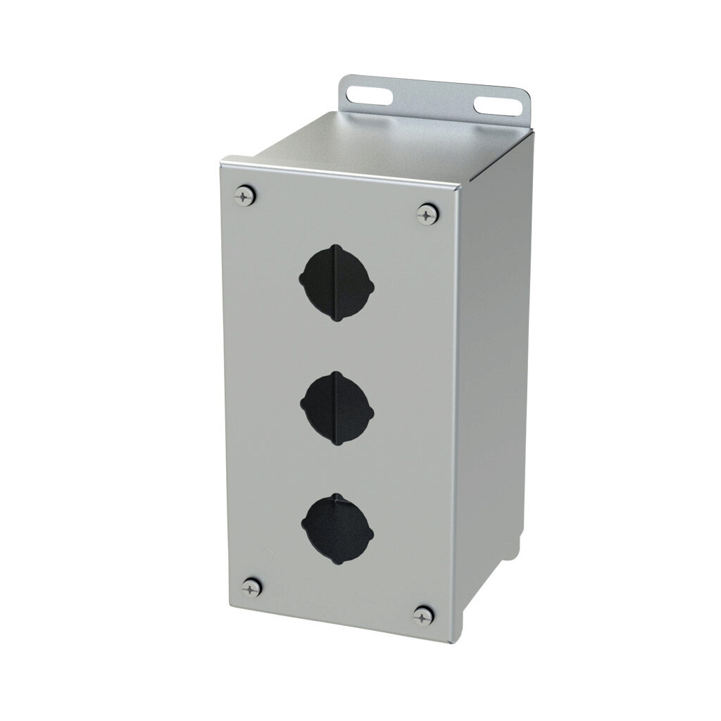 SCE-3PBXSS - Saginaw pushbutton enclosure, 3 holes, 30mm, NEMA 4/4X/12/13, 8 x 4 x 5in (HxWxD), wall mount, 304 stainless steel, #4 brush finish, screw cover.