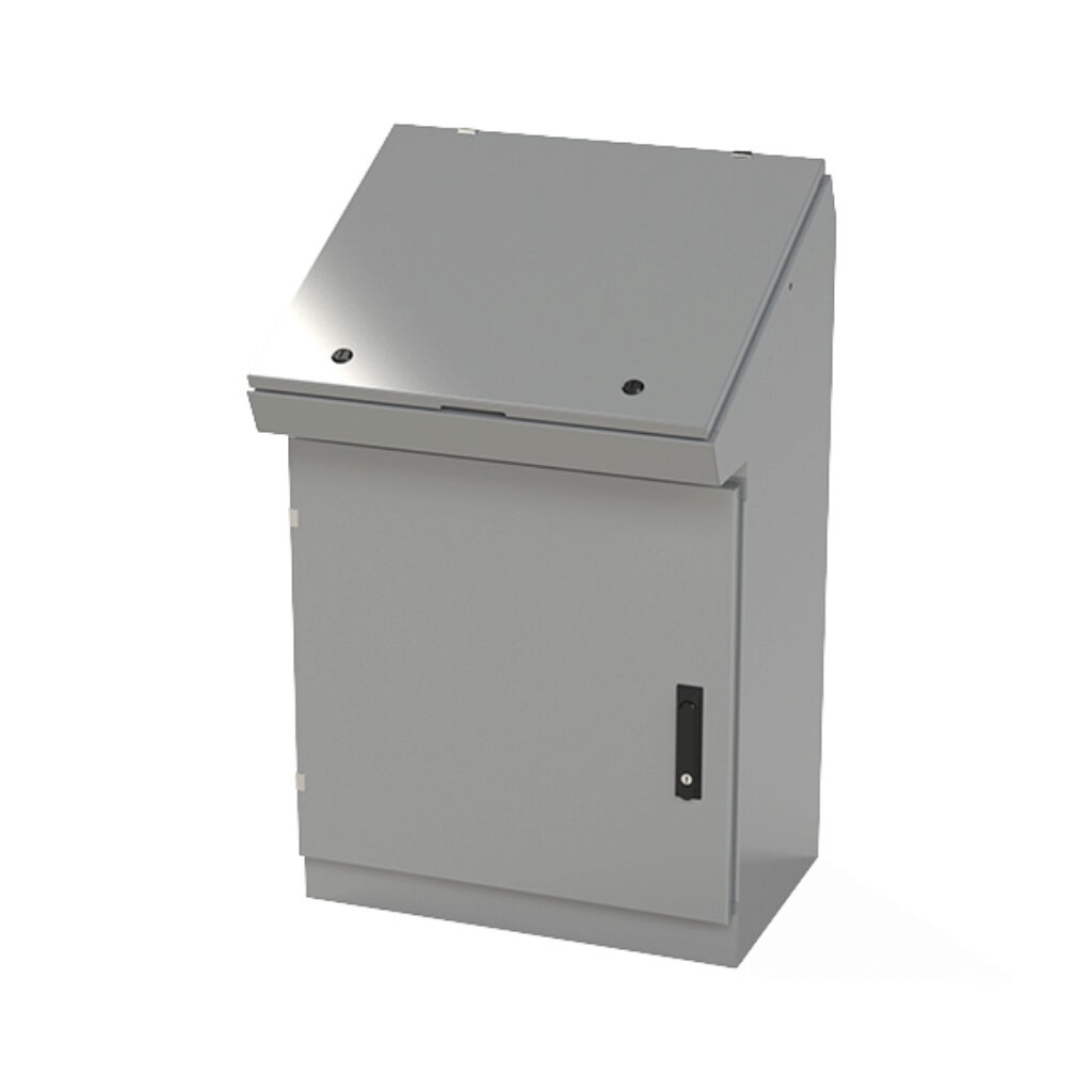 SCE-402516SDC - Saginaw desk console, NEMA 3R/4/12/13, 40 x 25 x 16in (HxWxD), freestanding, carbon steel, ANSI 61 gray, powder coat finish, single-door, 3-point keylocking flush swing handle.