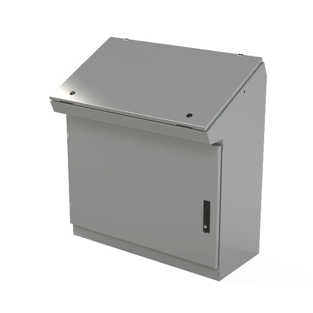 SCE-403716SDC - Saginaw desk console, NEMA 3R/12/13, 40 x 37 x 16in (HxWxD), freestanding, carbon steel, ANSI 61 gray, powder coat finish, single-door, 3-point keylocking flush swing handle.