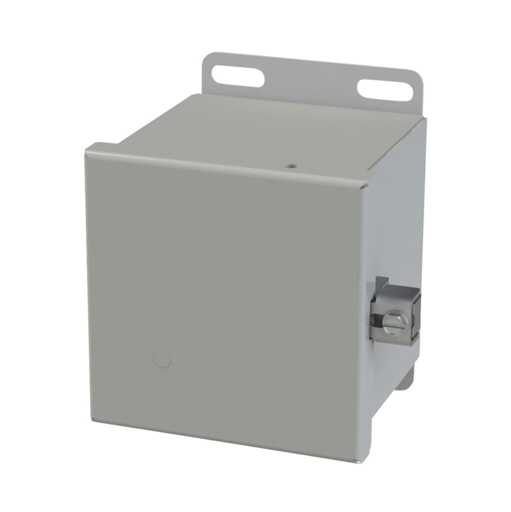 SCE-4044CHNF - Saginaw enclosure, NEMA 3R/4/12/13, 4 x 4 x 4in (HxWxD), wall mount, carbon steel, ANSI 61 gray, powder coat finish, single-door, stainless steel clamps.