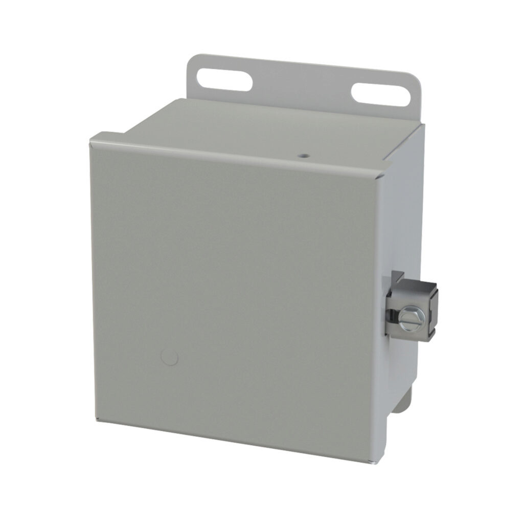 SCE-404CHNF - Saginaw enclosure, NEMA 3R/4/12/13, 4 x 4 x 3in (HxWxD), wall mount, carbon steel, ANSI 61 gray, powder coat finish, single-door, stainless steel clamps.