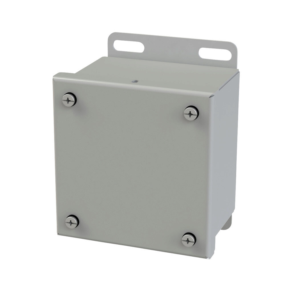 SCE-404SC - Saginaw enclosure, NEMA 3R/4/12/13, 4 x 4 x 3in (HxWxD), wall mount, carbon steel, ANSI 61 gray, powder coat finish, screw cover.