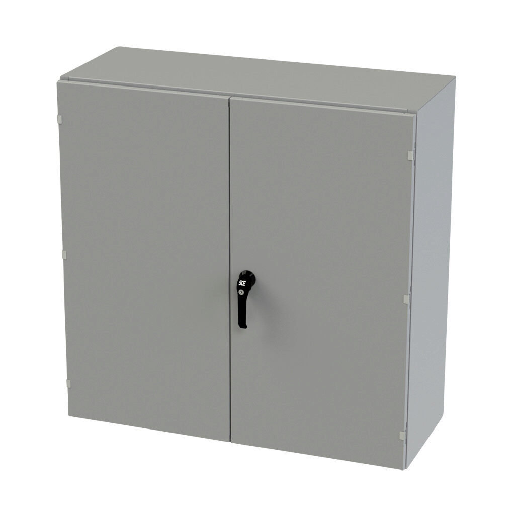 SCE-424216WFLP - Saginaw enclosure, NEMA 3R/12/13, 42 x 42 x 16in (HxWxD), wall mount, carbon steel, ANSI 61 gray, powder coat finish, double-door, 3-point keylocking/padlocking combo handle.