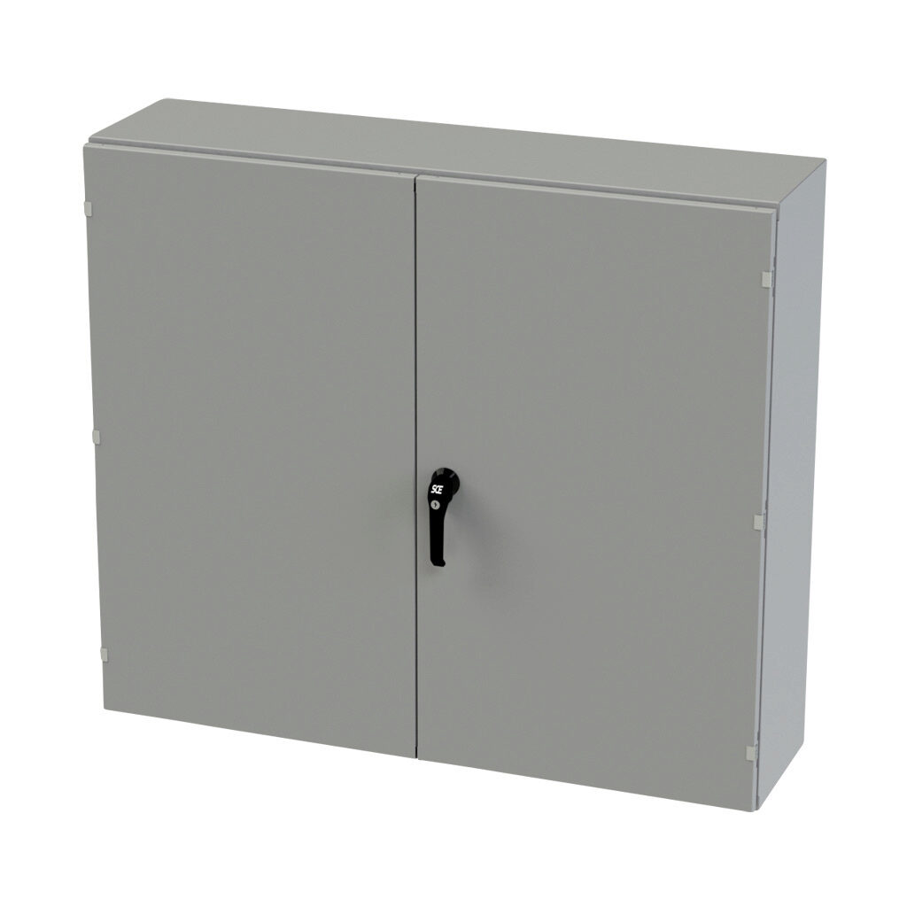 SCE-424812WFLP - Saginaw enclosure, NEMA 3R/12/13, 42 x 48 x 12in (HxWxD), wall mount, carbon steel, ANSI 61 gray, powder coat finish, double-door, 3-point keylocking/padlocking combo handle.
