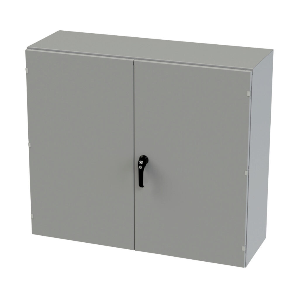SCE-424816WFLP - Saginaw enclosure, NEMA 3R/12/13, 42 x 48 x 16in (HxWxD), wall mount, carbon steel, ANSI 61 gray, powder coat finish, double-door, 3-point keylocking/padlocking combo handle.