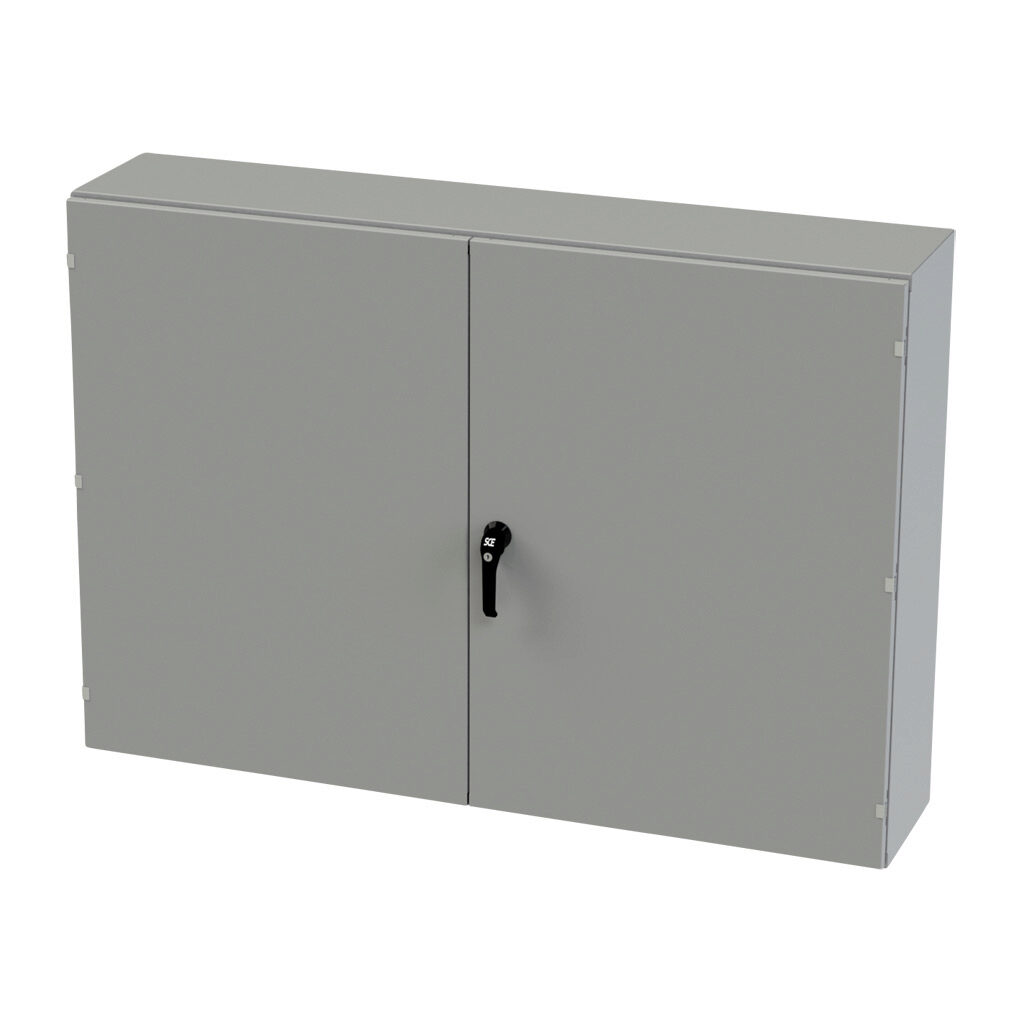 SCE-426012WFALP - Saginaw enclosure, NEMA 3R/12/13, 42 x 60 x 12in (HxWxD), wall mount, carbon steel, ANSI 61 gray, powder coat finish, double-door, 3-point keylocking/padlocking combo handle.