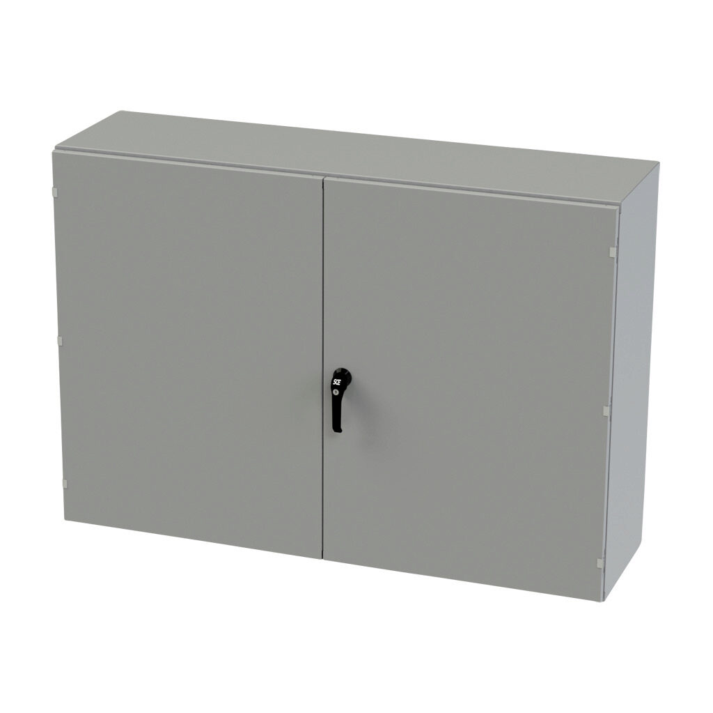 SCE-426016WFALP - Saginaw enclosure, NEMA 3R/12/13, 42 x 60 x 16in (HxWxD), wall mount, carbon steel, ANSI 61 gray, powder coat finish, double-door, 3-point keylocking/padlocking combo handle.