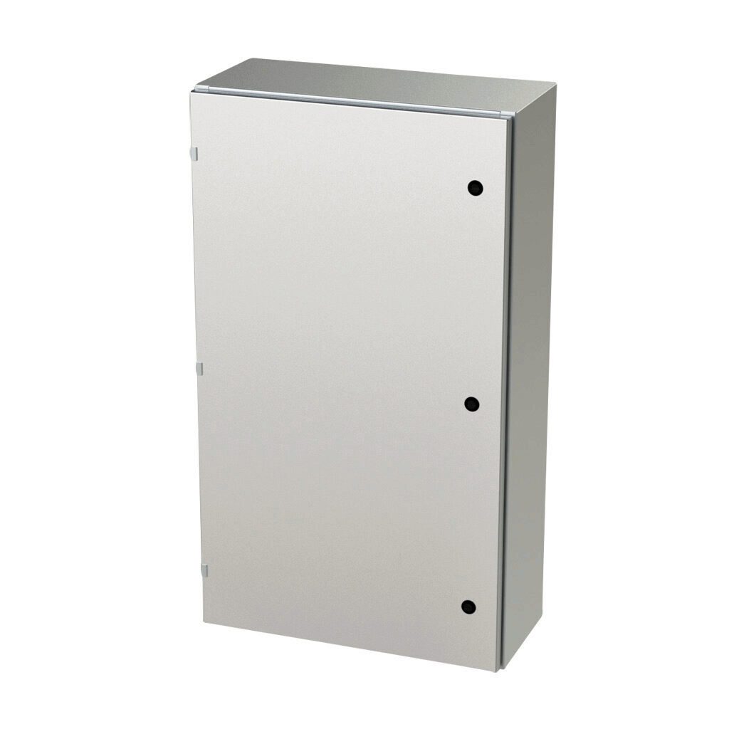SCE-42EL2410SS6LP - Saginaw Enviroline series enclosure, NEMA 3R/4/4X/12/13, 42 x 24 x 10in (HxWxD), wall mount, 316L stainless steel, #4 brush finish, single-door, 1/4-turn semi-flush latch.