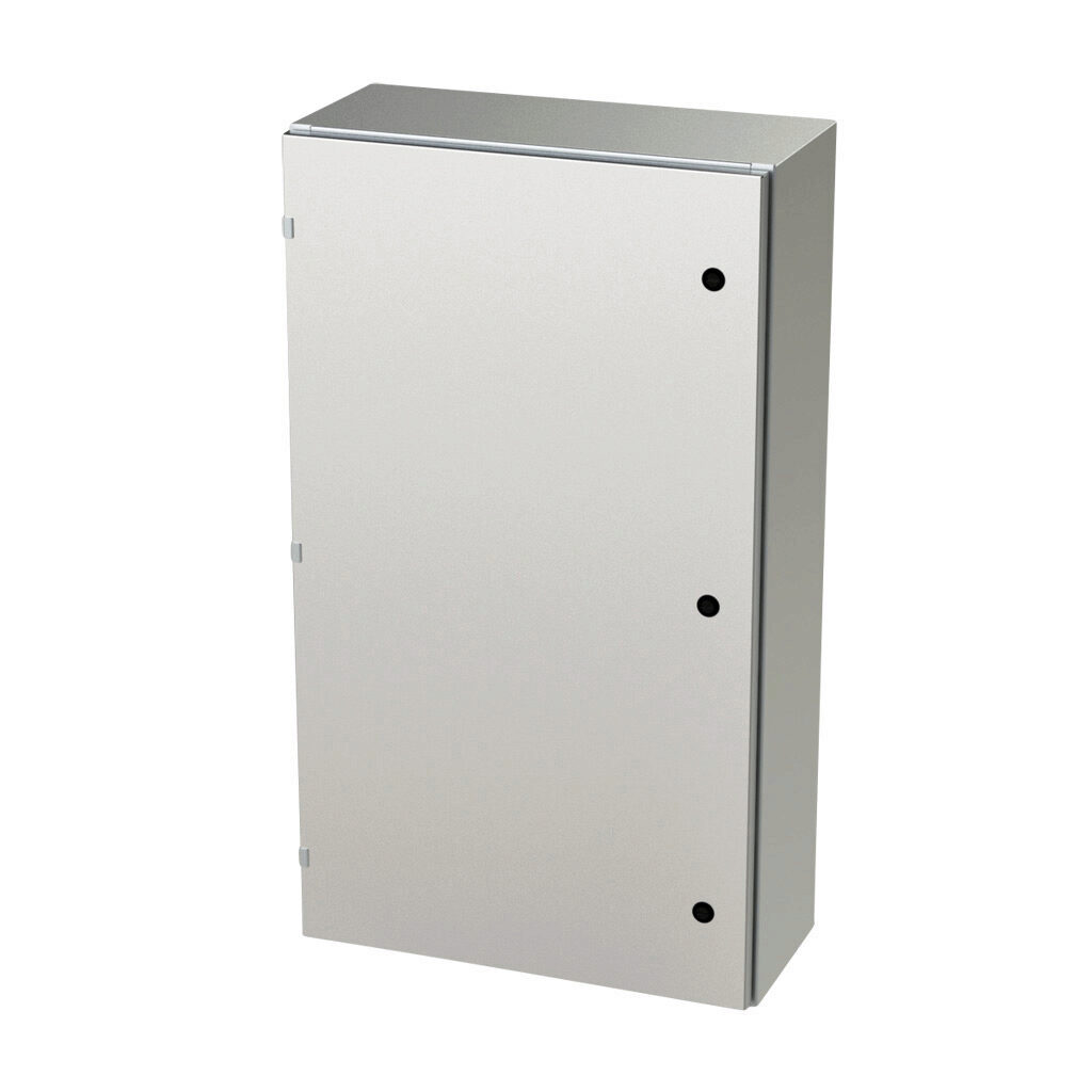 SCE-42EL2410SSLP - Saginaw Enviroline series enclosure, NEMA 3R/4/4X/12/13, 42 x 24 x 10in (HxWxD), wall mount, 304 stainless steel, #4 brush finish, single-door, 1/4-turn semi-flush latch.