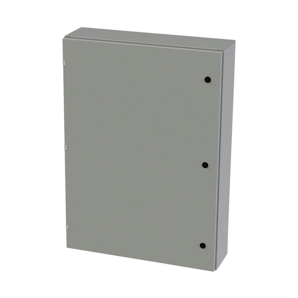 SCE-42EL3008LP - Saginaw Enviroline series enclosure, NEMA 3R/4/12/13, 42 x 30 x 8in (HxWxD), wall mount, carbon steel, ANSI 61 gray, powder coat finish, single-door, 1/4-turn semi-flush latch.