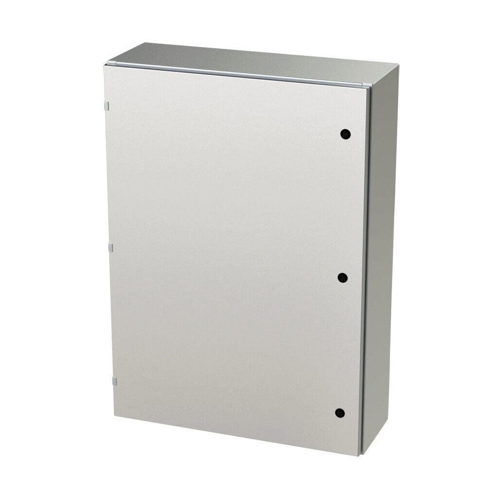 SCE-42EL3010SS6LP - Saginaw Enviroline series enclosure, NEMA 3R/4/4X/12/13, 42 x 30 x 10in (HxWxD), wall mount, 316L stainless steel, #4 brush finish, single-door, 1/4-turn semi-flush latch.