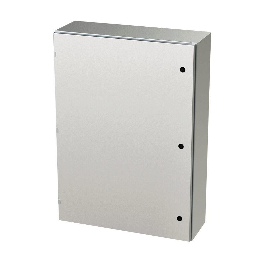 SCE-42EL3010SSLP - Saginaw Enviroline series enclosure, NEMA 3R/4/4X/12/13, 42 x 30 x 10in (HxWxD), wall mount, 304 stainless steel, #4 brush finish, single-door, 1/4-turn semi-flush latch.