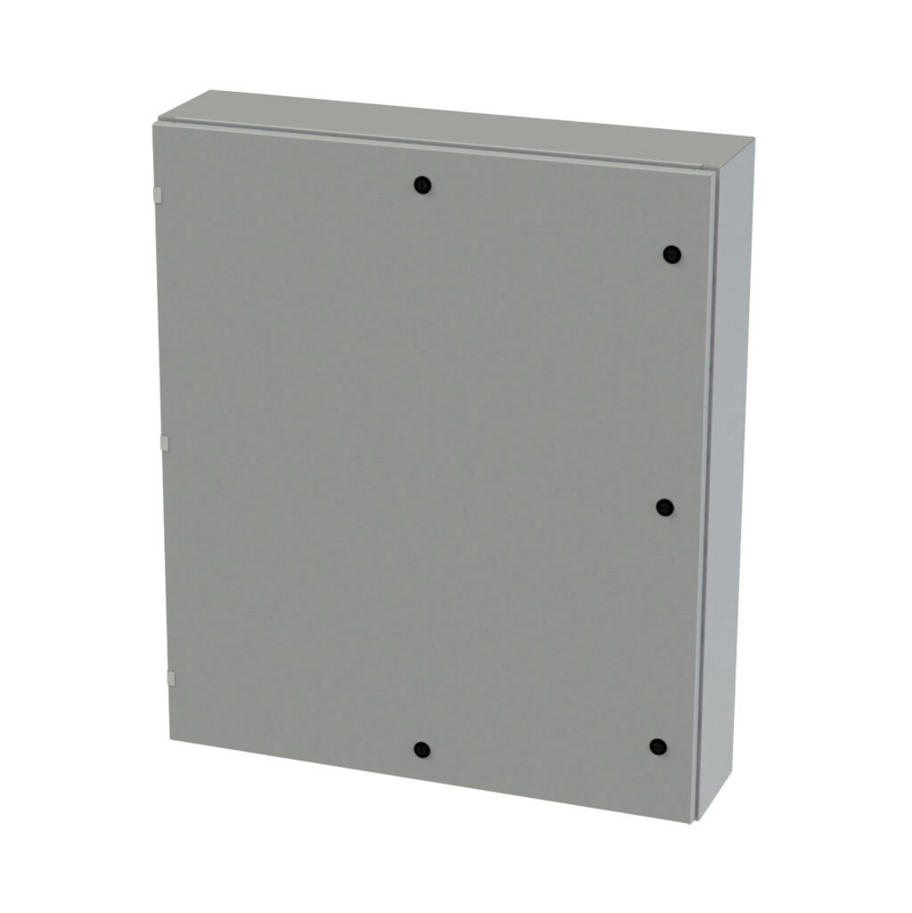 SCE-42EL3608LP - Saginaw Enviroline series enclosure, NEMA 3R/4/12/13, 42 x 36 x 8in (HxWxD), wall mount, carbon steel, ANSI 61 gray, powder coat finish, single-door, 1/4-turn semi-flush latch.
