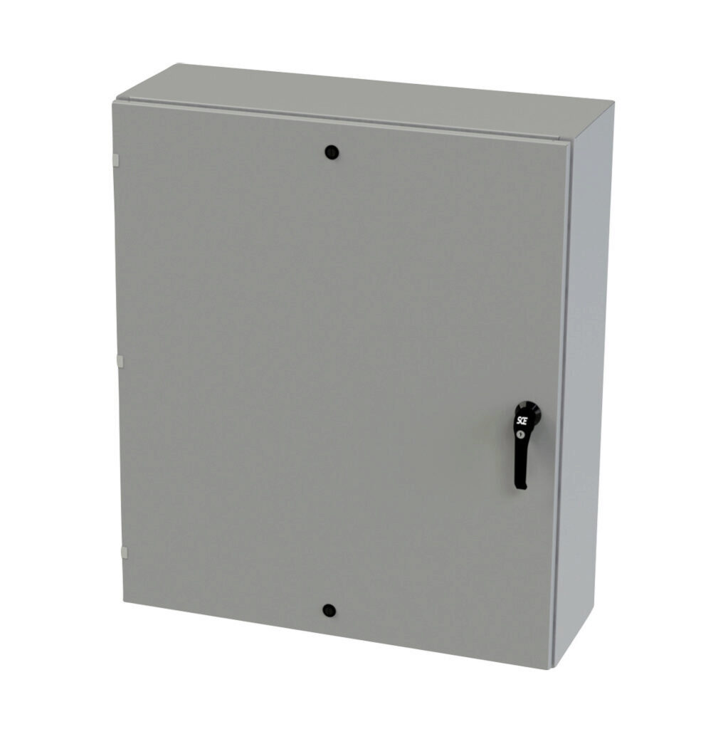 SCE-42EL3612LPPL - Saginaw Enviroline series enclosure, NEMA 3R/4/12/13, 42 x 36 x 12in (HxWxD), wall mount, carbon steel, ANSI 61 gray, powder coat finish, single-door, 3-point keylocking/padlocking combo handle.