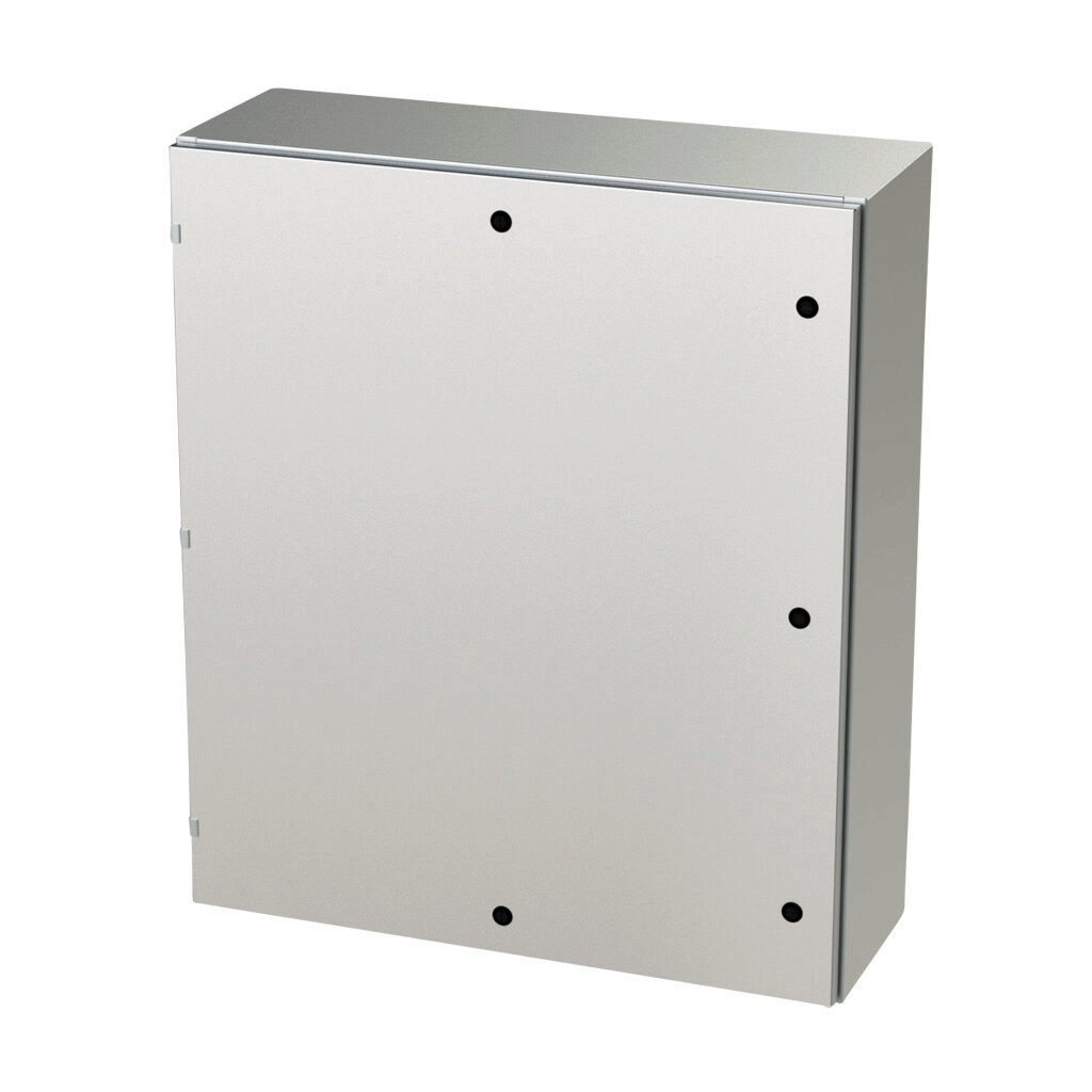 SCE-42EL3612SSLP - Saginaw Enviroline series enclosure, NEMA 3R/4/4X/12/13, 42 x 36 x 12in (HxWxD), wall mount, 304 stainless steel, #4 brush finish, single-door, 1/4-turn semi-flush latch.
