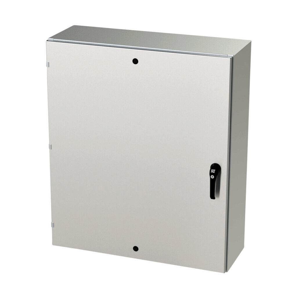 SCE-42EL3612SSLPPL - Saginaw Enviroline series enclosure, NEMA 3R/4/4X/12/13, 42 x 36 x 12in (HxWxD), wall mount, 304 stainless steel, #4 brush finish, single-door, 3-point keylocking/padlocking combo handle.