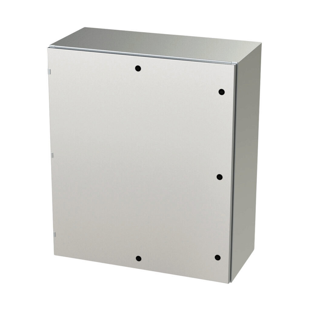SCE-42EL3616SS6LP - Saginaw Enviroline series enclosure, NEMA 3R/4/4X/12/13, 42 x 36 x 16in (HxWxD), wall mount, 316L stainless steel, #4 brush finish, single-door, 1/4-turn semi-flush latch.