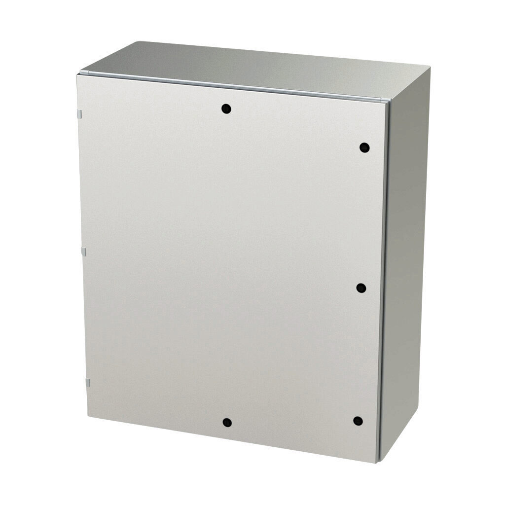 SCE-42EL3616SSLP - Saginaw Enviroline series enclosure, NEMA 3R/4/4X/12/13, 42 x 36 x 16in (HxWxD), wall mount, 304 stainless steel, #4 brush finish, single-door, 1/4-turn semi-flush latch.