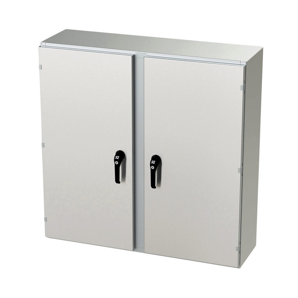 SCE-42EL4212SSWFLP - Saginaw Enviroline series enclosure, NEMA 3R/4/4X/12/13, 42 x 42 x 12in (HxWxD), wall mount, 304 stainless steel, #4 brush finish, 2-door, 3-point keylocking/padlocking combo handle.