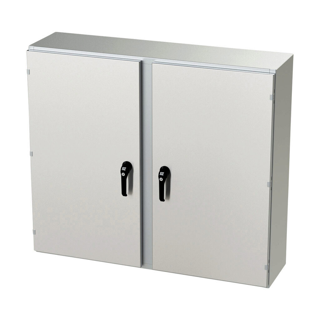 SCE-42EL4812SSWFLP - Saginaw Enviroline series enclosure, NEMA 3R/4/4X/12/13, 42 x 48 x 12in (HxWxD), wall mount, 304 stainless steel, #4 brush finish, 2-door, 3-point keylocking/padlocking combo handle.