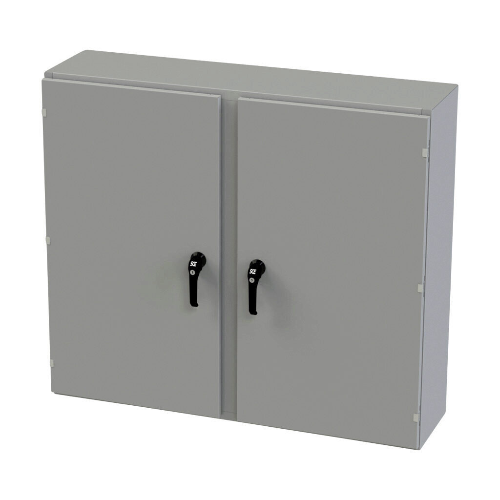 SCE-42EL4812WFLP - Saginaw Enviroline series enclosure, NEMA 3R/4/12/13, 42 x 48 x 12in (HxWxD), wall mount, carbon steel, ANSI 61 gray, powder coat finish, 2-door, 3-point keylocking/padlocking combo handle.