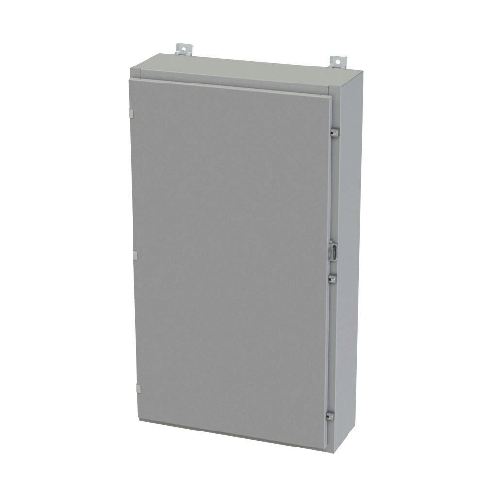 SCE-42H2408LP - Saginaw enclosure, NEMA 3R/4/12/13, 42 x 24 x 8in (HxWxD), wall mount, carbon steel, ANSI 61 gray, powder coat finish, single-door, plated steel clamps, padlock hasp and staple.