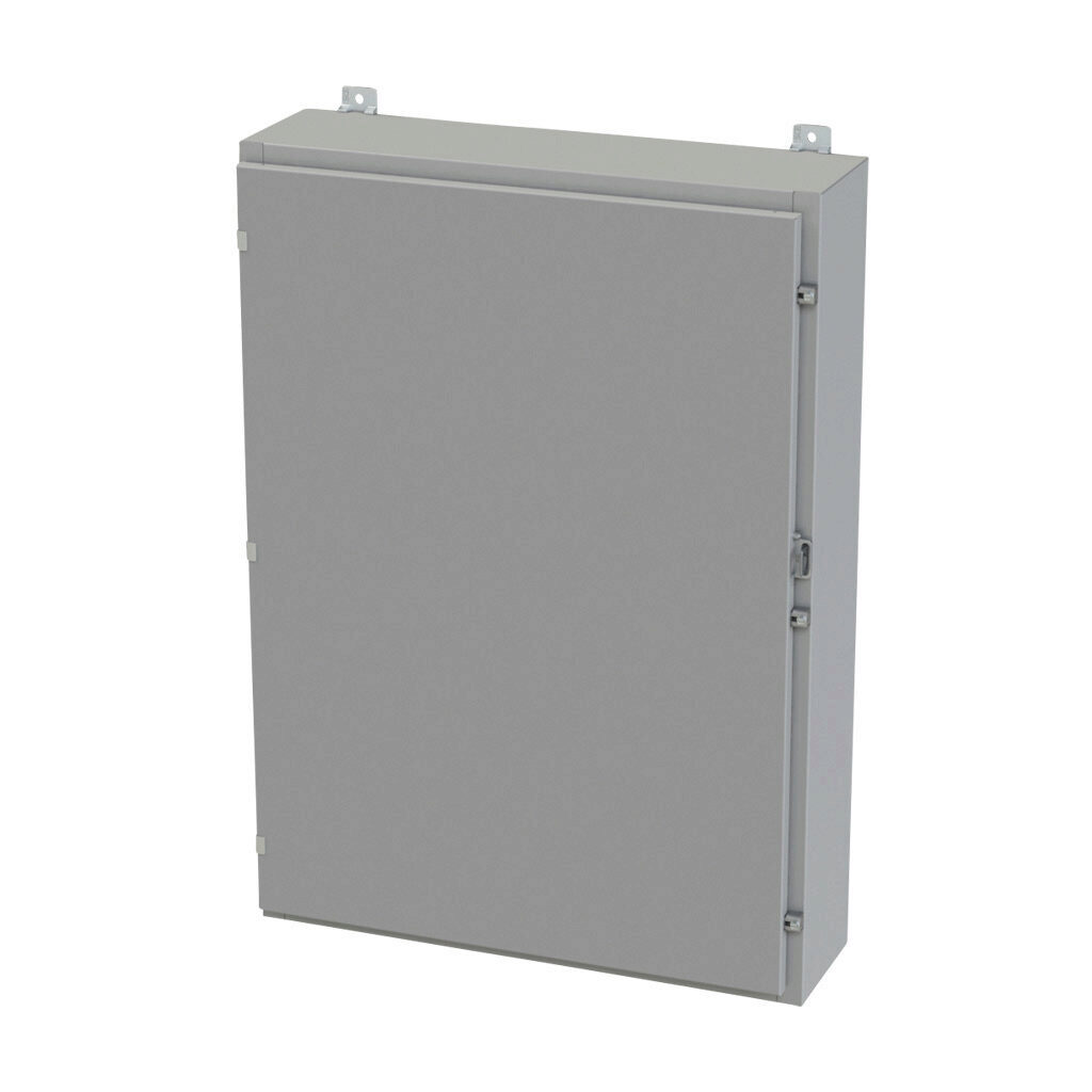 SCE-42H3008LP - Saginaw enclosure, NEMA 3R/4/12/13, 42 x 30 x 8in (HxWxD), wall mount, carbon steel, ANSI 61 gray, powder coat finish, single-door, plated steel clamps, padlock hasp and staple.