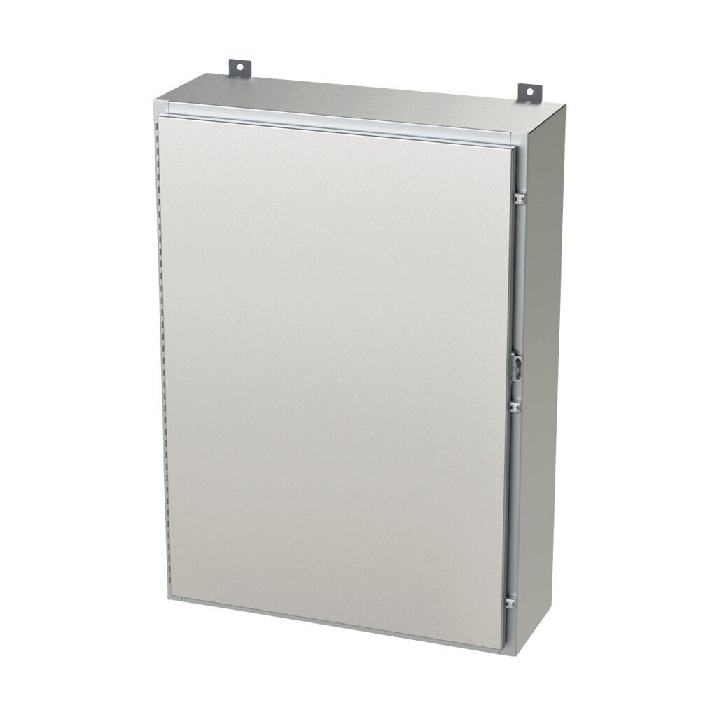 SCE-42H3010SS6LP - Saginaw enclosure, NEMA 3R/4/4X/12/13, 42 x 30 x 10in (HxWxD), wall mount, 316L stainless steel, #4 brush finish, single-door, stainless steel clamps, padlock hasp and staple.