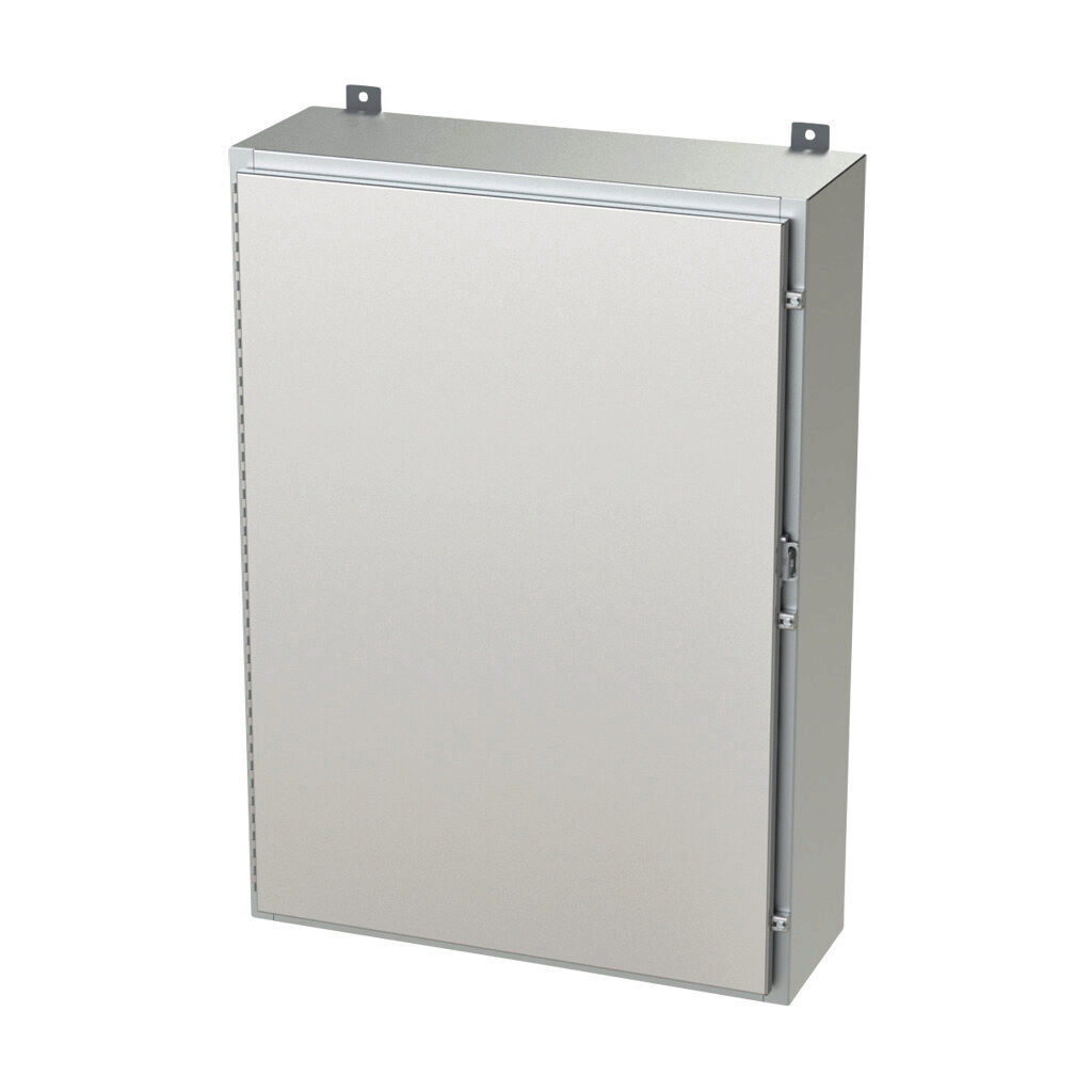 SCE-42H3010SSLP - Saginaw enclosure, NEMA 3R/4/4X/12/13, 42 x 30 x 10in (HxWxD), wall mount, 304 stainless steel, #4 brush finish, single-door, stainless steel clamps, padlock hasp and staple.