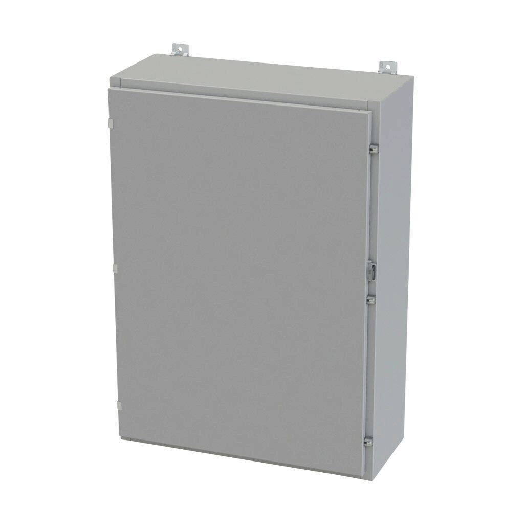 SCE-42H3012LP - Saginaw enclosure, NEMA 3R/4/12/13, 42 x 30 x 12in (HxWxD), wall mount, carbon steel, ANSI 61 gray, powder coat finish, single-door, plated steel clamps, padlock hasp and staple.
