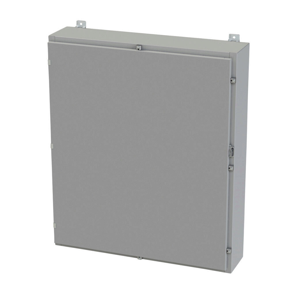 SCE-42H3608LP - Saginaw enclosure, NEMA 3R/4/12/13, 42 x 36 x 8in (HxWxD), wall mount, carbon steel, ANSI 61 gray, powder coat finish, single-door, plated steel clamps, padlock hasp and staple.