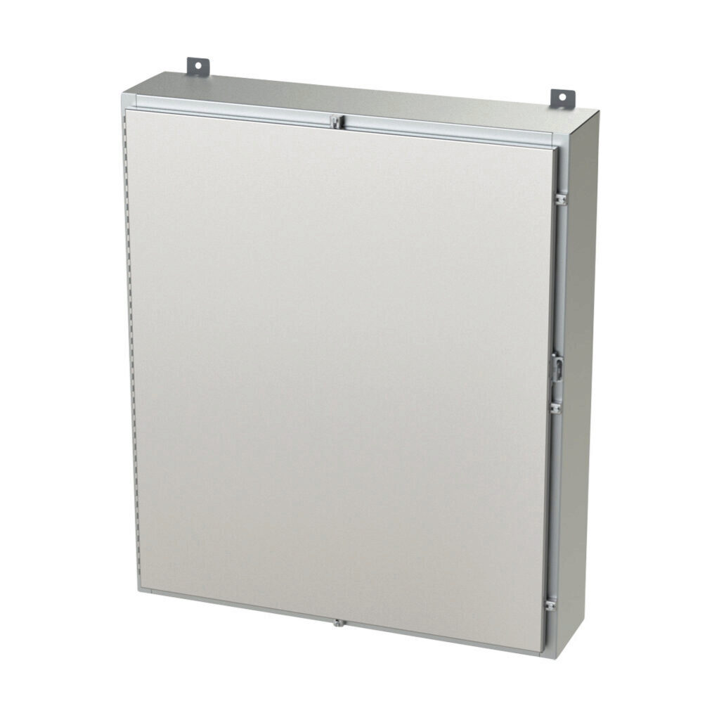 SCE-42H3608SS6LP - Saginaw enclosure, NEMA 3R/4/4X/12/13, 42 x 36 x 8in (HxWxD), wall mount, 316L stainless steel, #4 brush finish, single-door, stainless steel clamps, padlock hasp and staple.