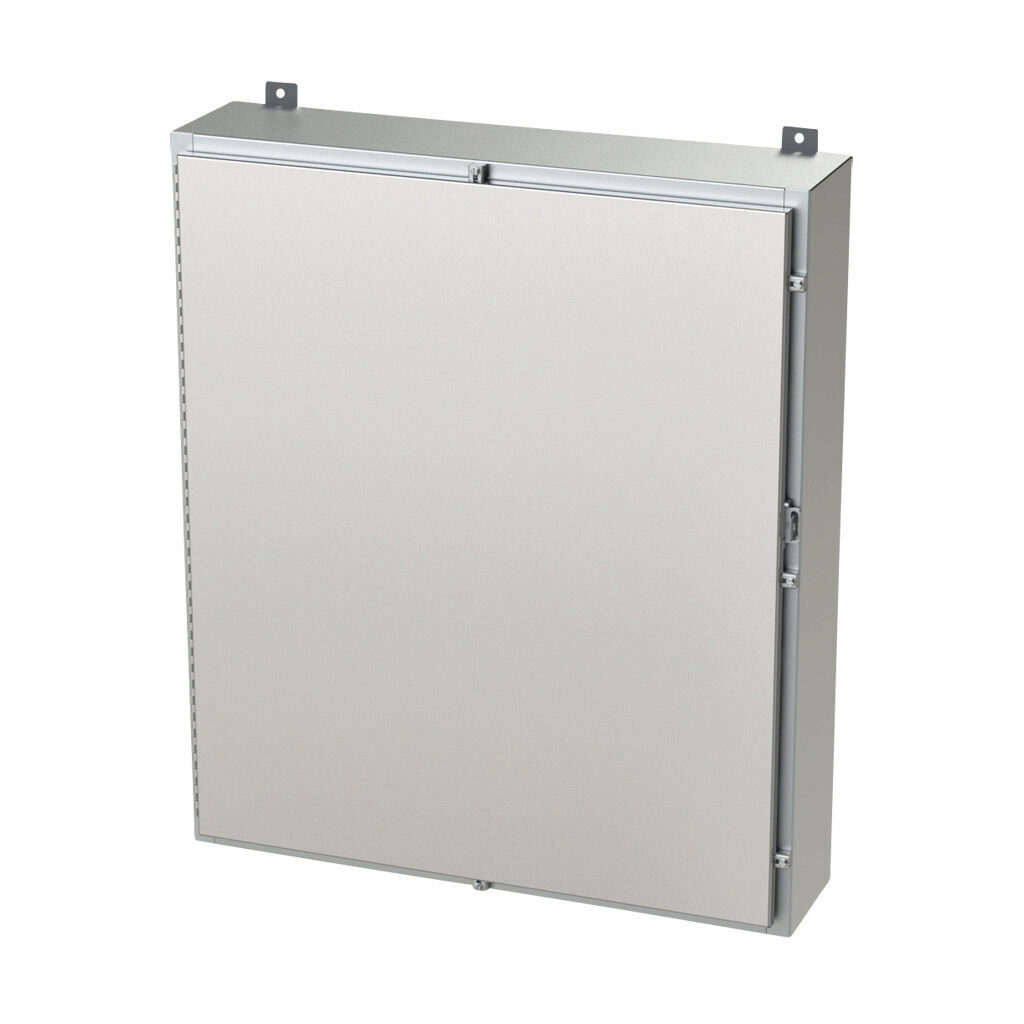 SCE-42H3608SSLP - Saginaw enclosure, NEMA 3R/4/4X/12/13, 42 x 36 x 8in (HxWxD), wall mount, 304 stainless steel, #4 brush finish, single-door, stainless steel clamps, padlock hasp and staple.