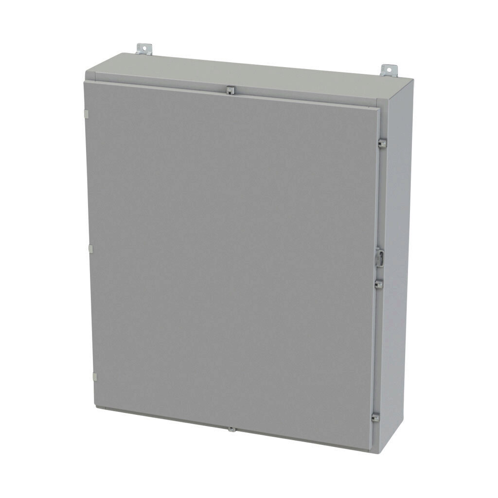 SCE-42H3610LP - Saginaw enclosure, NEMA 3R/4/12/13, 42 x 36 x 10in (HxWxD), wall mount, carbon steel, ANSI 61 gray, powder coat finish, single-door, plated steel clamps, padlock hasp and staple.