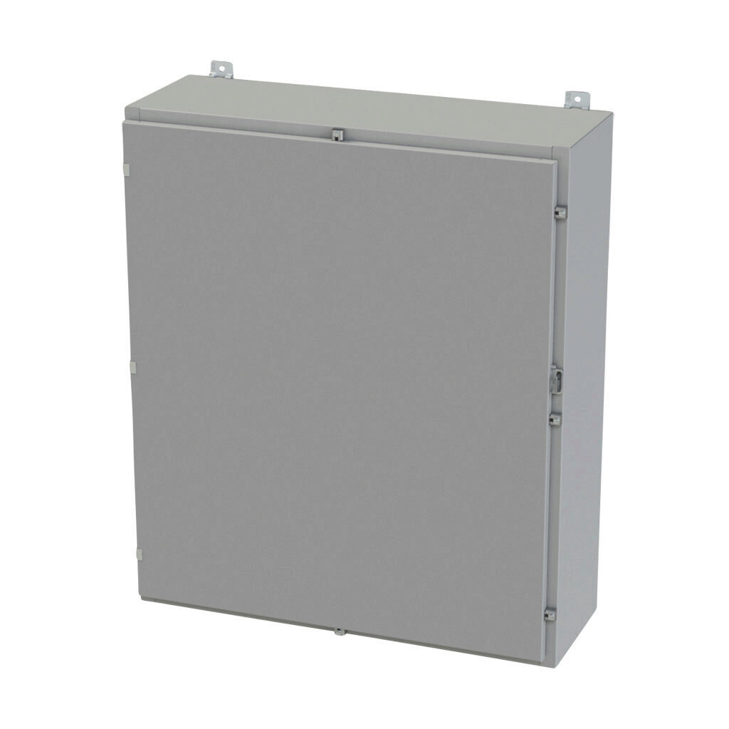 SCE-42H3612LP - Saginaw enclosure, NEMA 3R/4/12/13, 42 x 36 x 12in (HxWxD), wall mount, carbon steel, ANSI 61 gray, powder coat finish, single-door, plated steel clamps, padlock hasp and staple.