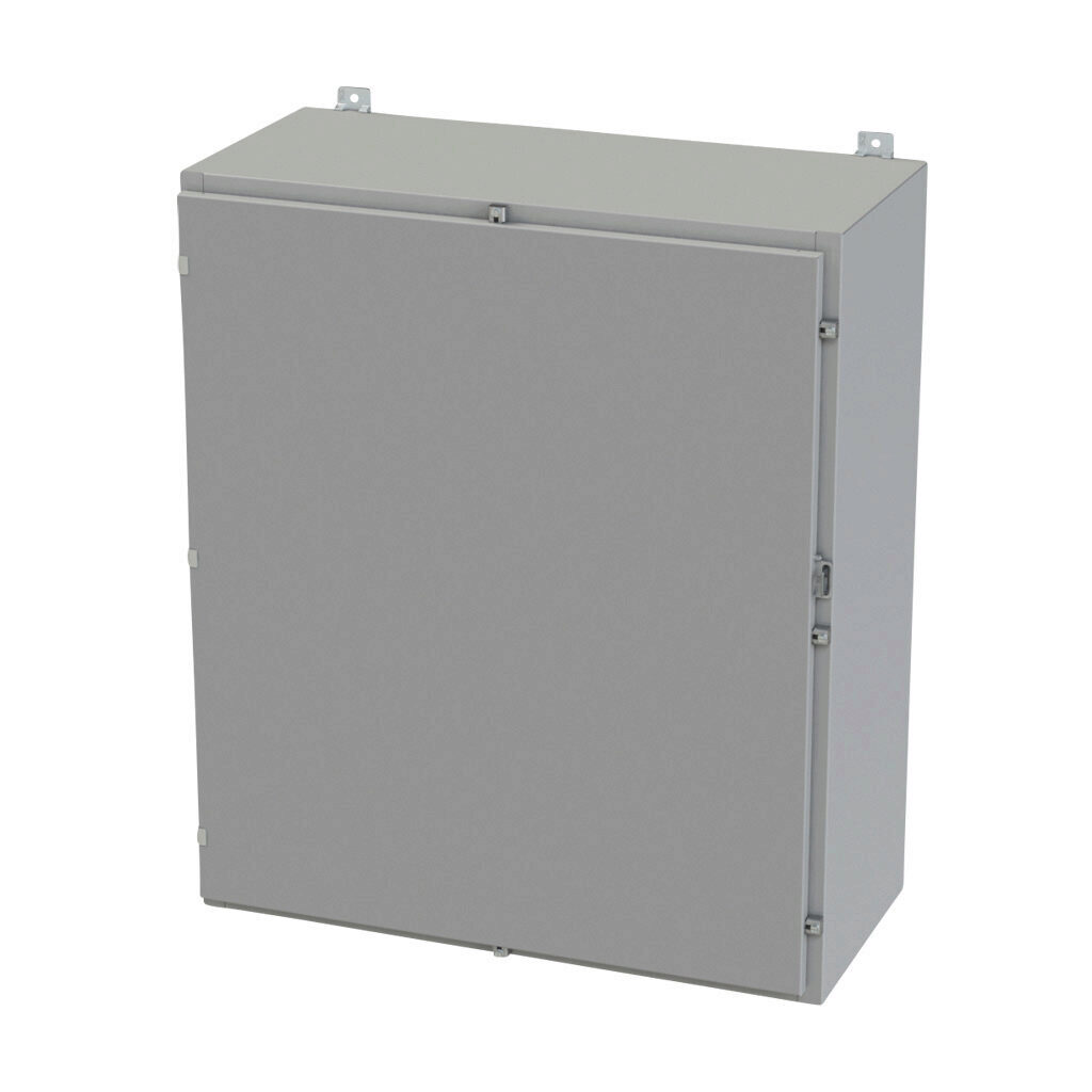 SCE-42H3616LP - Saginaw enclosure, NEMA 3R/4/12/13, 42 x 36 x 16in (HxWxD), wall mount, carbon steel, ANSI 61 gray, powder coat finish, single-door, plated steel clamps, padlock hasp and staple.