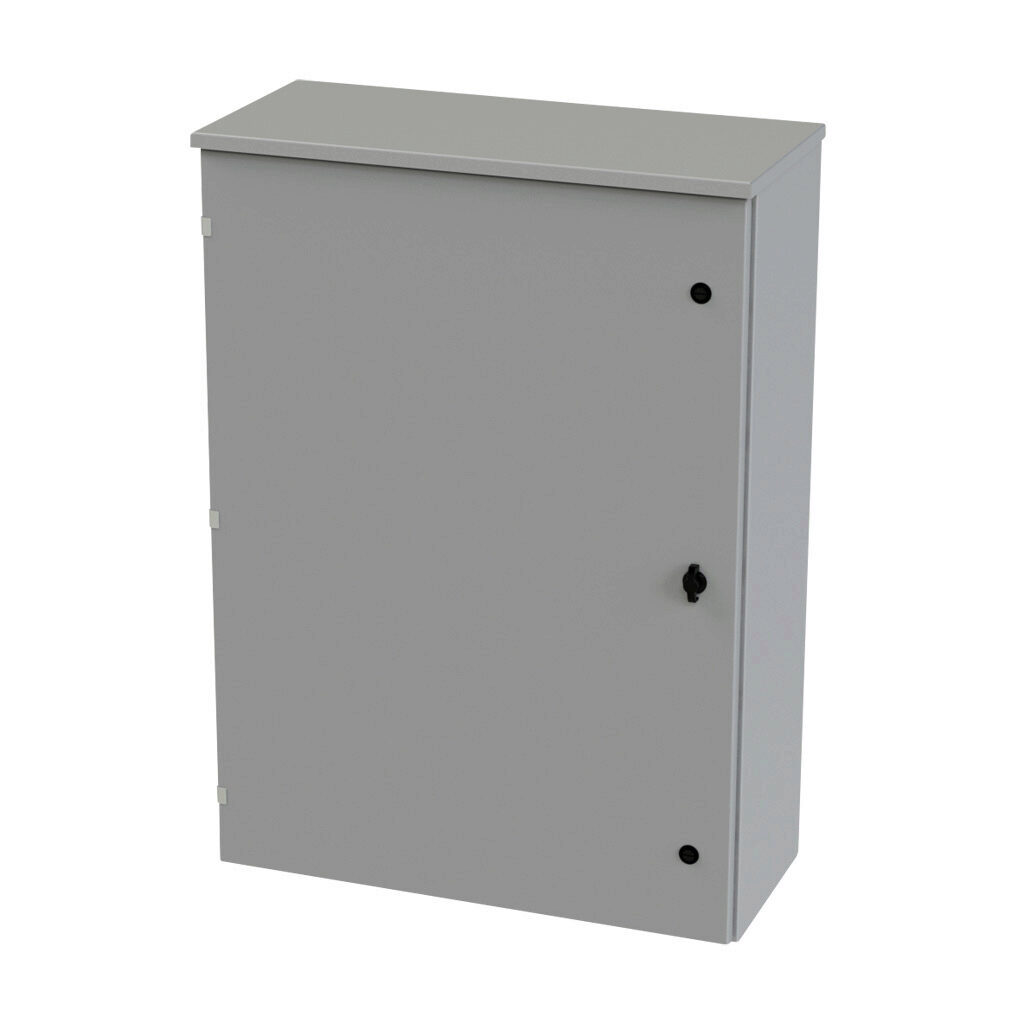 SCE-42R3012LP - Saginaw enclosure, NEMA 3R, 42 x 30 x 12in (HxWxD), wall mount, carbon steel, ANSI 61 gray, powder coat finish, single-door, 1/4-turn padlocking wing handle.