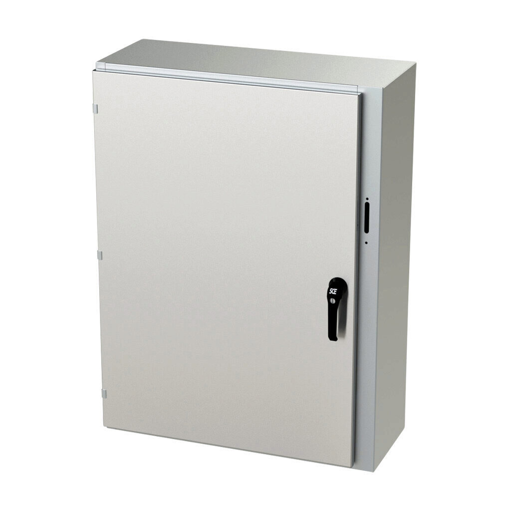 SCE-42XEL3112SS6LP - Saginaw Enviroline series disconnect enclosure, NEMA 3R/4/4X/12/13, right flange, 42 x 31 x 12in (HxWxD), wall mount, 316L stainless steel, #4 brush finish, single-door, 3-point padlocking handle, purchase subpanel separately.