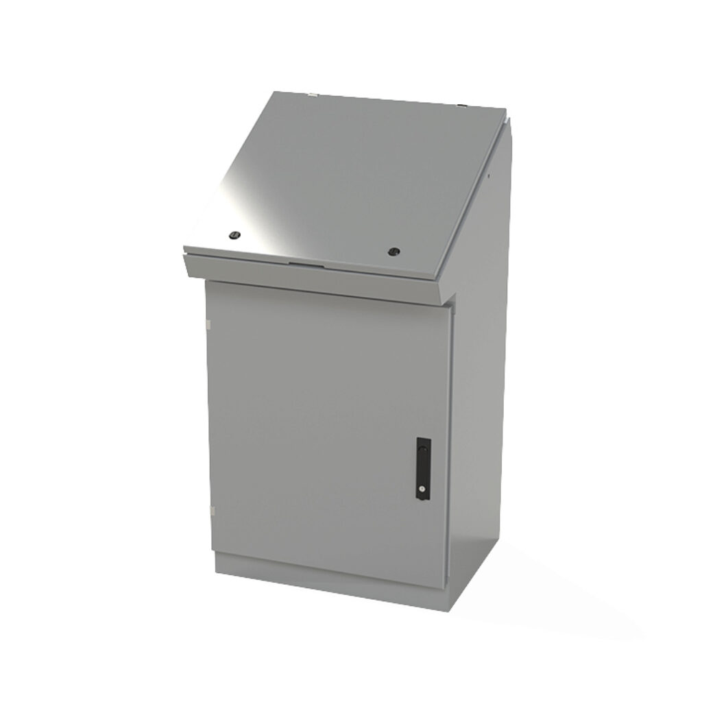 SCE-462519SDC - Saginaw desk console, NEMA 3R/4/12/13, 46 x 25 x 19in (HxWxD), freestanding, carbon steel, ANSI 61 gray, powder coat finish, single-door, 3-point keylocking flush swing handle.