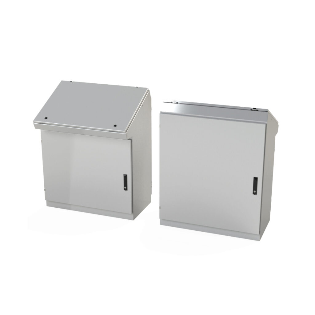 SCE-463719DC - Saginaw desk console, NEMA 3R/12/13, 46 x 37 x 19in (HxWxD), freestanding, dual access, carbon steel, ANSI 61 gray, powder coat finish, single-door, 3-point keylocking flush swing handle.