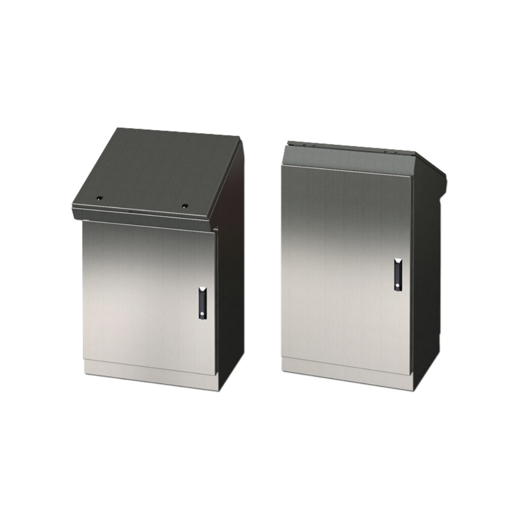 SCE-463719DCSS - Saginaw desk console, NEMA 3R/12/13, 46 x 37 x 19in (HxWxD), freestanding, dual access, 304 stainless steel, #4 brush finish, single-door, 3-point keylocking flush swing handle.