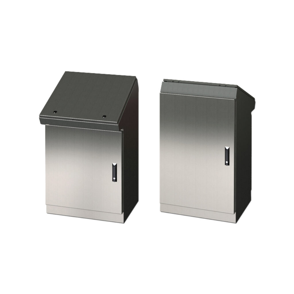 SCE-463719DCSS6 - Saginaw desk console, NEMA 3R/12/13, 46 x 37 x 19in (HxWxD), freestanding, 316L stainless steel, #4 brush finish, single-door, 3-point keylocking flush swing handle.