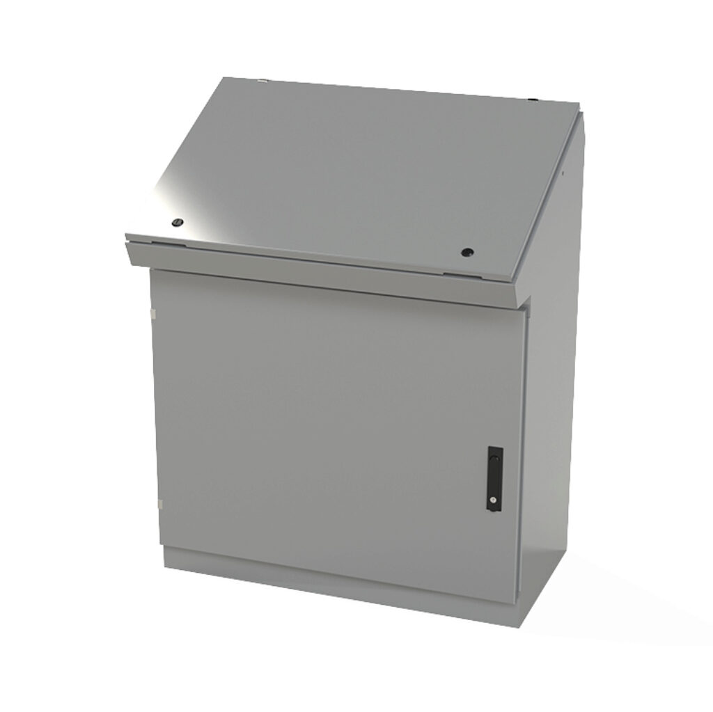 SCE-463719SDC - Saginaw desk console, NEMA 3R/12/13, 46 x 37 x 19in (HxWxD), freestanding, carbon steel, ANSI 61 gray, powder coat finish, single-door, 3-point keylocking flush swing handle.