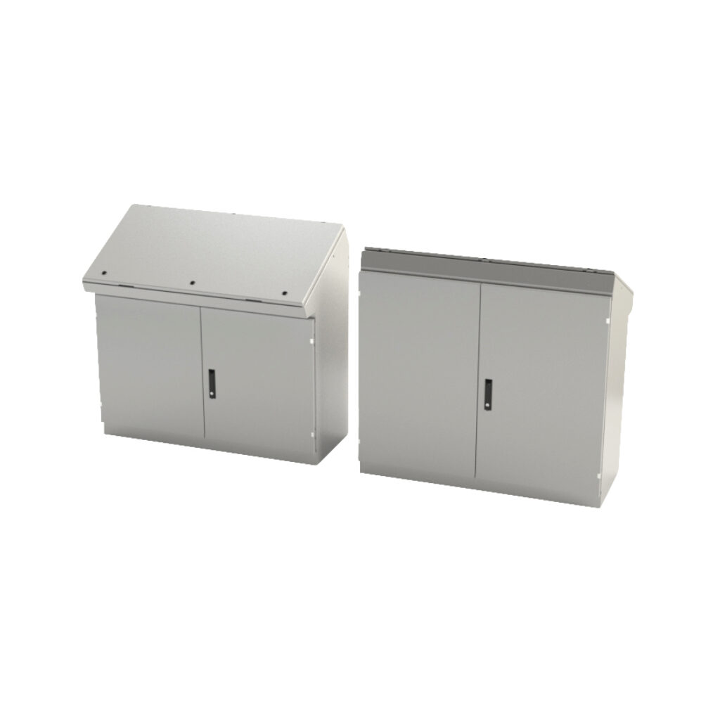 SCE-464919DC - Saginaw desk console, NEMA 3R/12/13, 46 x 49 x 19in (HxWxD), freestanding, dual access, carbon steel, ANSI 61 gray, powder coat finish, double-door, 3-point keylocking flush swing handle.